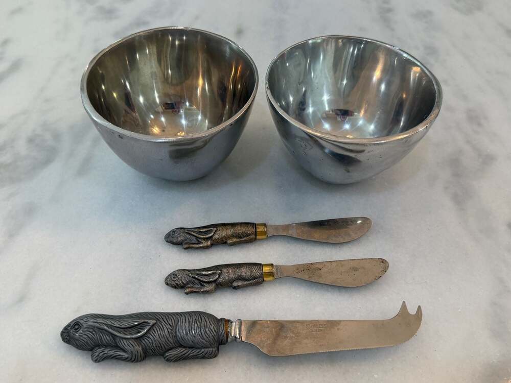 Vintage 5Pc Metalware Serving Set w Figural Rabbit Handle Cheese Knives & Bowls